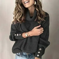 Ženska gumba Turtleneck pulover dugih rukava labav pleteni džemper vrhovi crne boje