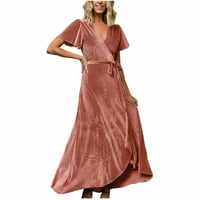 Ženska haljina modna ljetna traka V-izrez kratki rukav čvrsta boja stranke svečana dugačka haljina s