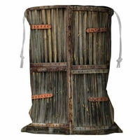 Stara drvena vrata sa ruševim šarkama za pohranu košara za pranje rublja sa crtežom