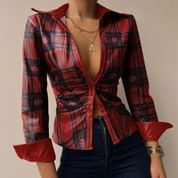 Wendunide ženske majice ženske modne rever od tiskane dugih rukava labava ležerna majica bluza crvena