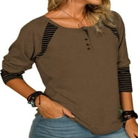 HANERDUN Ženske trake košulje ženske dugih rukava okrugla vrata pulover za bluzu za pulover TOP kafa