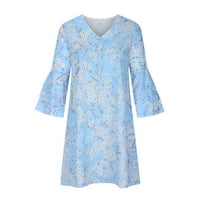 Žene udobne haljine - Pring Jesen V-izrez s dugim rukavima od ispisane ruffle rukave svjetlo plavi s
