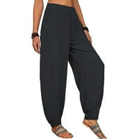 Žene modne čvrste labave harem hlače Caprij baggy hlače casual posteljine duge hlače crne s