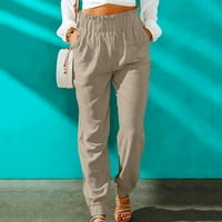 Ženske hlače Ljeto širokodnevne posteljine hlače visoke stručne ležerne ravne hlače Baggy Lounge Duksev pantalone, L & Khaki