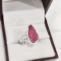 Prirodni rubinski prsten, grubi rubin gusjenični prsten, jul rodne kamen, tački bend, srebro, ženski