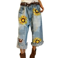Dame Fashion Loose All Ripped Print Sunflower Wide noge Traperice za žene Traperice za žene Trendy