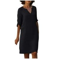 Ženska haljina ljeto retro pune boje pamučna posteljina V-izrez pola rukava haljina svjetla, crna, xxl