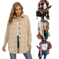 PowerDelu ženski vintage rever gumb dolje dugi plaćeni vuneni kaput četkani tartan preko jakne za košulju