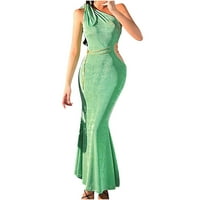 Faux-Wrap haljine za žene Ženski ljetni seksi visokog ženskog zastoj Ahain šuplji duga suknja nagnuta haljina na ramenu Baštarska haljina Green s