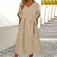 CAVEITL Ljetne haljine trendi, modne žene Ljeto Ležerne prilike V-izrez Solid kratkih rukava džep pamuk