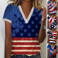 Qolati Ženski ljetni vrhovi Američka zastava Ispiši patchwork V bluza Ležerne prilike za neovisnost