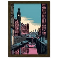 LEEDS CANAL Cityscape ružičasta i teal ilustracija umjetnička djela uokvirena zidna umjetnost Print A4