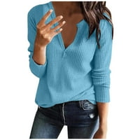 Penskeiy Womens vrhovi ženske modne čvrste boje V-izrez Udobna labava majica dugih rukava Bluza Ležerne prilike plava Y2K odjeća