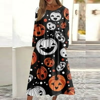 Ženski ležerni okrugli vrat Halloween tiskani midi haljina dugih rukava Džepne haljine