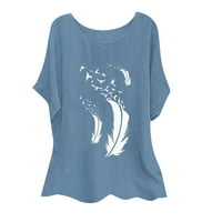 Košulje za žene Trendy Ljeto kratkih rukava pero Ispis pamučne platnene bluze, plava, xxl