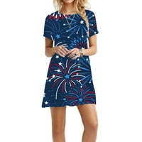 Clearsance Ljetne haljine za žene okrugli dekolte Kratka prodaja A-line tiskane haljine kratkih rukava tamno plava m
