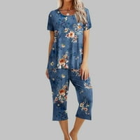 Frostluinai Womens Pidžamas Ljetni cvjetni o-vrat kratkih rukava s kratkim rukavima Capris hlače za spavanje za spavanje sa spavanje salona PJS setovi w džepovi