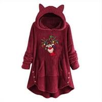 Žene Fuzzy Fleece Hoodie Duks mačaka Božićni print Preveliki kaputi Topli zimski pulover vrhovi sa džepovima