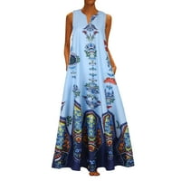 Haljine za žene duge a-line Ležerne prilike bez rukava Ljeto Odštampana haljina plava 4xl