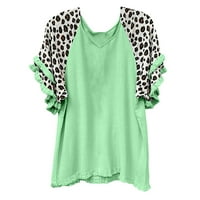 Leopard tiskane majice za žene ljetne vrhove V izrez majice s kratkim rukavima bluza Fluff Hem majica