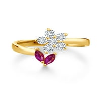 Gem Stone King Keren Hanan Cvjetni otvor za žene 2. CT Marquise Red Ruby G-H Lab Grown Diamond 18K žuti pozlaćeni srebrni prsten