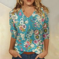 Qcmgmg T-majice Ženske rukave cvjetne slatke vrhove za žene Ljeto Loose Fit V izrez Žene Ljetne košulje i majice Dame Bluze i vrhovi za posao Royal Blue XL