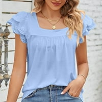Žene Ljetne vrhove Majica Square-izrez Čvrsta boja Dvoslojni čipka kratkih rukava Top bluza Sky Blue