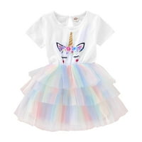 4T Djevojke za bebe Haljina kratki rukav Jednorog Ispis Rainbow vezeni prugasti kontrast HE haljina
