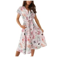 Ljetne haljine za žene V-izrez Mini labavi A-linijski ispisani kratki rukav Dress ružičasti m