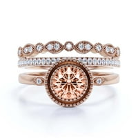 Prekrasna Art Nouvea 2. CT Round Morgatit i dijamantni zaručnički prsten, boho moissinite vjenčani prsten, dva podudarna traka u srebru od 18k za nju