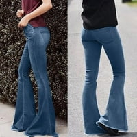 Žene Flare Srednje struk traper traperice Pocket Stretch Slim Tassel Hlače Jeans Dark Blue XL