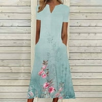 Dyegold sandresses za ženska ležerna plaža - Ženske ljetne haljine V-izrez kratki rukav Vintage cvjetni