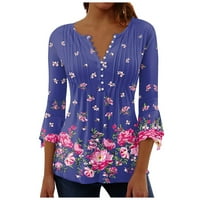 Ženski gumb dolje majice dugme u obliku cvjetnog ispisa jesenski rukav v bluza izreza, plavi s