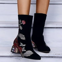 TAWOP WOMENS čizme, modne vintage vezenje zapadnih čizama Square Floral Boots Srednja teletska cipela