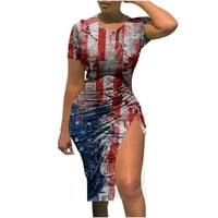 Ernkv Ženska mini bačva haljina klirence Stripe Star Print TrackString Side Split Modni kratki rukav
