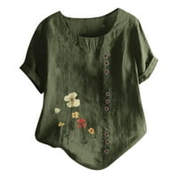 Žene plus veličine pamučna posteljina majica prevelizirani vrat kratkih rukava s kratkim rukavima, bluze ispis tees vojska zelena s, američka veličina: 4