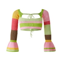 Calsunbaby Women Y2K Cropped pleteni džemper s dugim rukavima kvadratni vrat Crochet Crochet gornjo