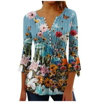 Hanas vrhovi ženske ležerne modne meka bluza, Henley V-izrez rukav latica Tunic, cvjetni ispisani labavi