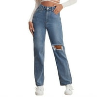 Traperice za žene traper elastične strugose pantalone Jeans Hole High Pants Pocket Loose Loose Wof-a