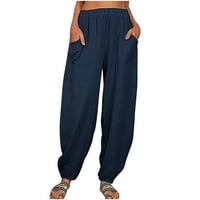 Žene casual pantalone - harem elastični struk posteljine udobne hlače opuštene fit solidne konusne hlače