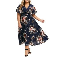 Usmixi ženske haljine Empire struk Flowy Swing Plus size Maxi haljine cvjetni ispis V-izrez kratki rukav