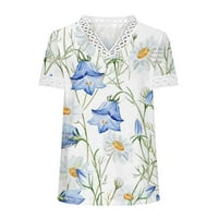 Yyeselk Osnovni vrhovi za žene Casual Crochet Eireet V-izrez kratkih rukava Ugodne bluze Trendi elegantni cvjetni print ljetni majica plava xxxxl