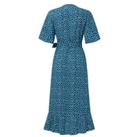 Haljine za žene ženski a-line V-izrez s kratkim rukavima cvjetni dugi peplum seksi visokog struka plavih xxl
