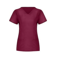 Cleance Ženske vrhove Ljeto kratkih rukava V-izrez Uniform sa čvrstim džepom bluze košulje crvene 2xl
