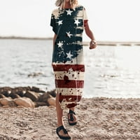 Ženska ljetna majica Maxi haljina Batwing rukav Crewneck casual labav prorez bočne duge plaže haljine Dan neovisnosti Ženske haljine Navy_ XL