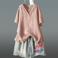 Ženski bluze Ženski pamuk kratkih rukava i posteljina V izrez labava majica Bluza Pink 4xl