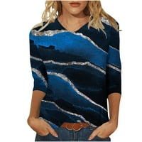 Ženski trendovi ispisani su rukavi srednje dužine V-izrez Ležerne prilike majica tamno plava 12