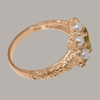 Britanci izrađeni 14k Rose Gold Prirodni peridot i kultivirani Pearl Womens Remise Ring - Opcije veličine - Veličina 6