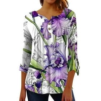 Apepal Womens Tunic Tops rukav Henley košulje cvjetni print Dugme-dolje Dressy Casual Bluzes Purple