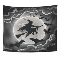 Crni oblaci vještica silueta leti na njenoj metlim palicama zidne umjetnosti viseći tapiserija Domaći dekor za dnevnu sobu spavaća soba spavaonica
